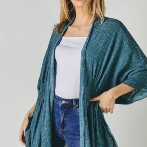 Davi & Dani | Gauzy Smocked Kimono Cardigan - Moss Green - Picture 5 of 5
